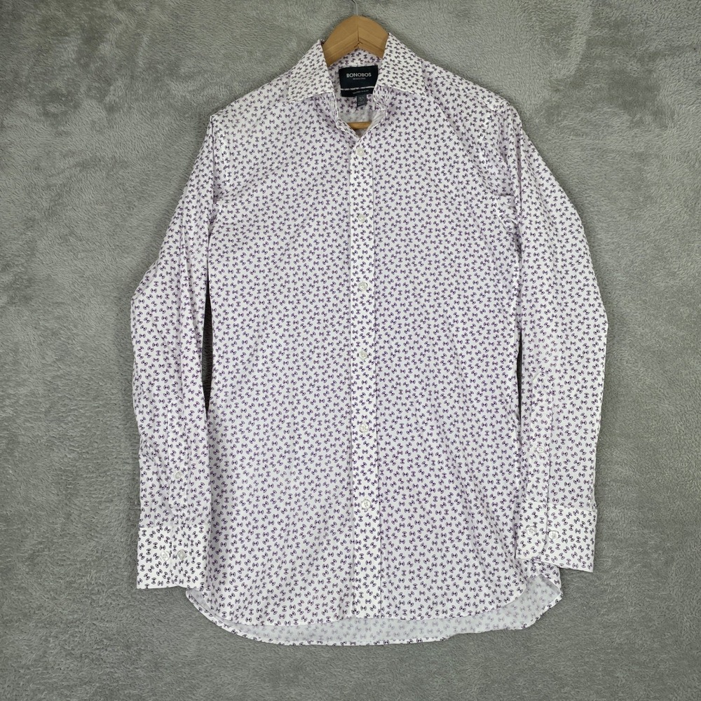 Bonobos Dress Shirt Mens 14.5 33 White Purple Bow Tie Geometric Tailored Slim